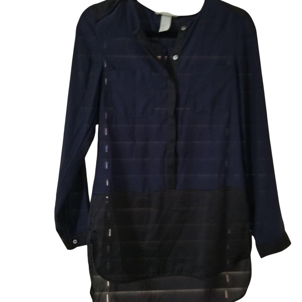 H&M Navy & Black Sheer Panel Long Sleeve Blouse US 4